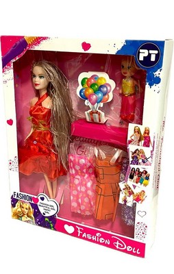 عروسک باربی با بچه 3 لباس 9008 لوازم دار - ک58